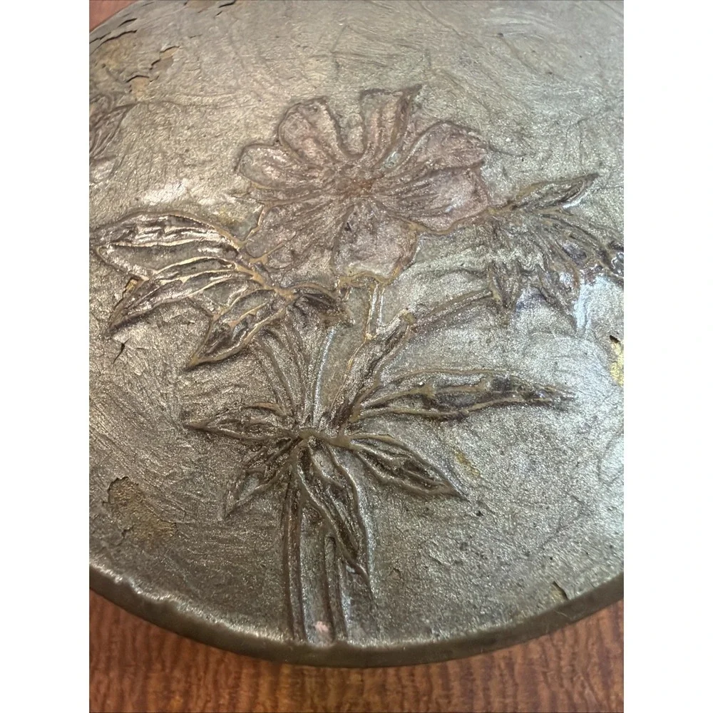 Vintage Round Brass Trinket Dish with Lid Painted Enamel Floral Design 4